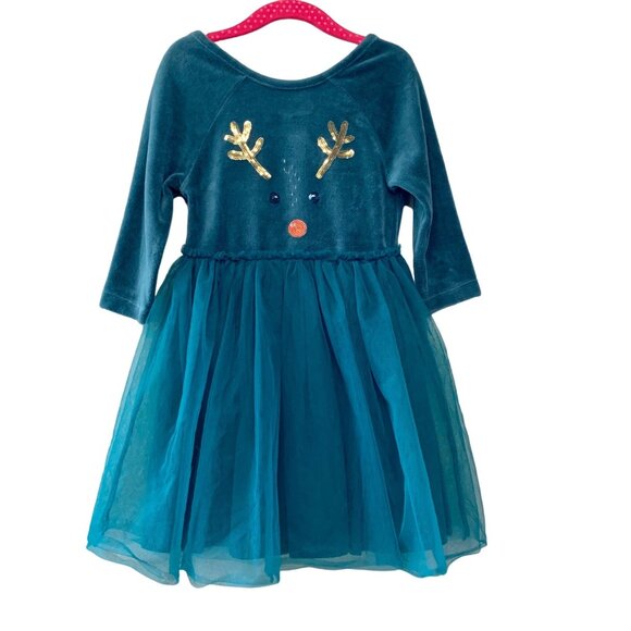 Mini Boden Other - MINI BODEN Reindeer Dress Girls 5-6 5T 116cm Green Velour Tulle Christmas Girl